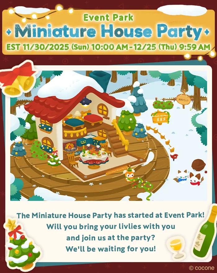 Livly Island Miniature House Party event poster featuring a cozy snow-covered two-story house decorated for Christmas. The Event Park is shown with trees, lights, holiday food, and Livlies gathered around. Text announces the Miniature House Party running from November 30 to December 25, 2025, and invites players to bring their Livlies to join the festive event.