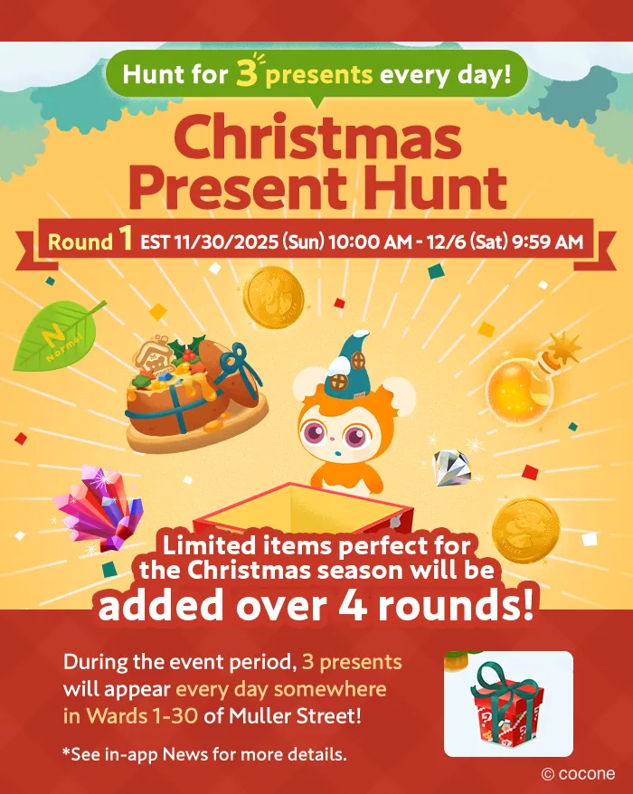 Livly Island Christmas Present Hunt event poster. A festive design shows a Livly character beside an open gift box with coins, crystals, and holiday items bursting out. Text announces the Christmas Present Hunt with four rounds of limited seasonal items, and explains that three presents will appear daily in Wards 1–30 of Muller Street during the event period from November 30 to December 6, 2025. A small preview image of a wrapped Christmas gift box is included.