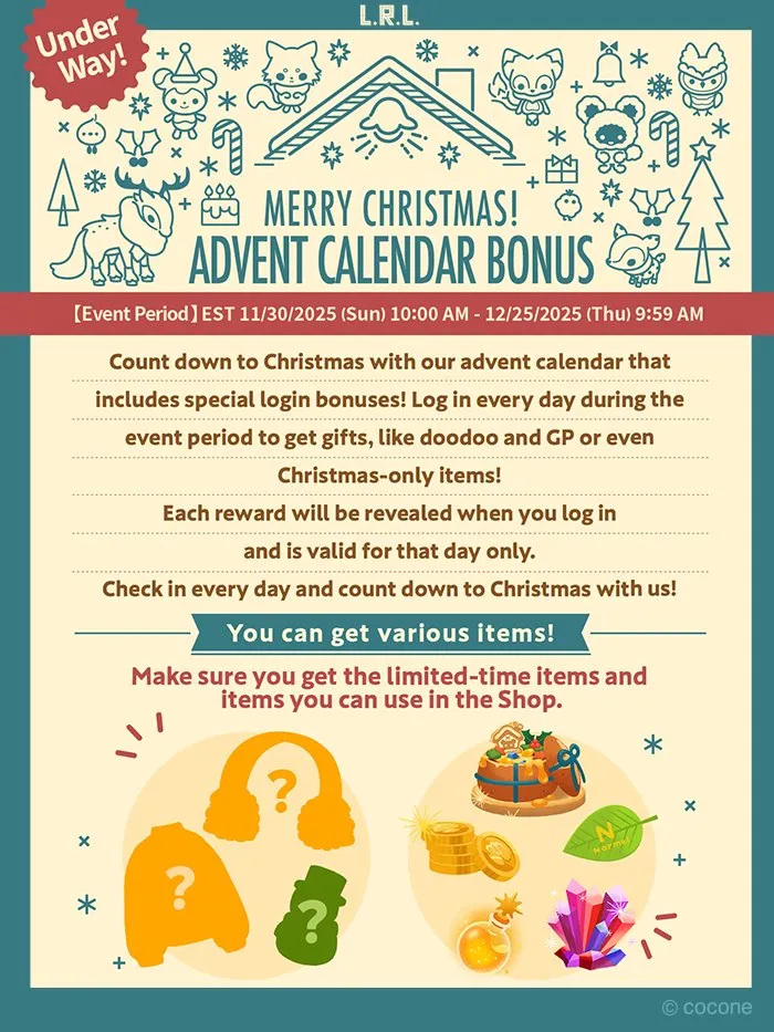 Livly Island Advent Calendar Bonus announcement for Christmas 2025. The poster explains daily login rewards from November 30 to December 25, including items like doodoo, GP, and Christmas-exclusive rewards. Decorative icons of Livlies, presents, trees, and holiday items surround the text, with images showing mystery gift bags, coins, crystals, and festive items.