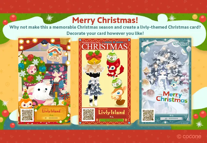 Livly Island Christmas card decoration preview featuring three festive profile card designs. Each card showcases holiday scenes with Livlies, Christmas trees, ornaments, and seasonal frames, encouraging players to create their own Christmas-themed cards during the event.