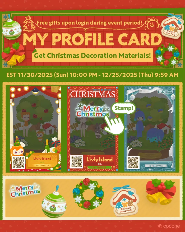 Livly Island Christmas Profile Card event poster showing holiday-themed profile card frames, Merry Christmas stamps, and decoration materials. The image highlights limited-time login rewards such as ornaments, wreaths, and Miniature House Party stickers, available from November 30 to December 25, 2025.