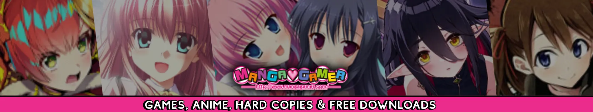 MangaGamer promotional banner showing a lineup of anime-style characters across the image, with the MangaGamer logo centered and the text “Games, anime, hard copies & free downloads” along the bottom.