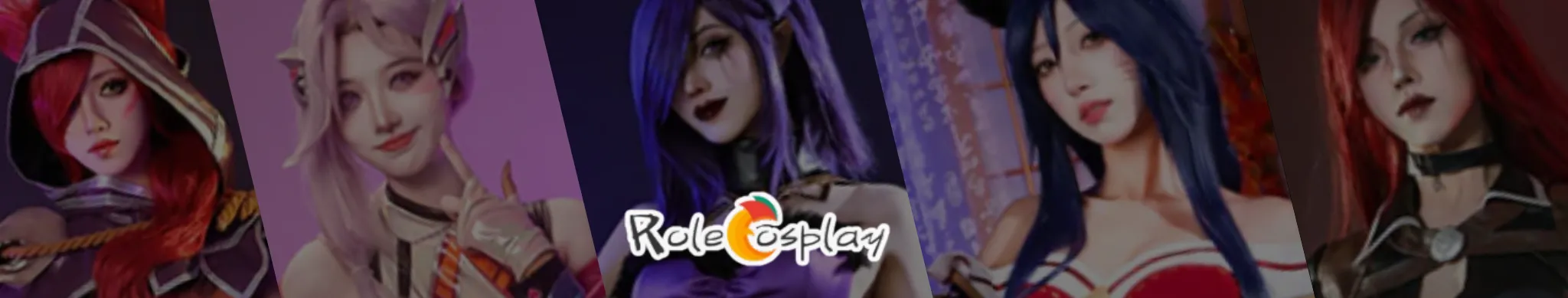 RoleCosplay promotional banner featuring a lineup of female cosplay models dressed as fantasy and game characters in colorful costumes, with the RoleCosplay logo centered across the image.