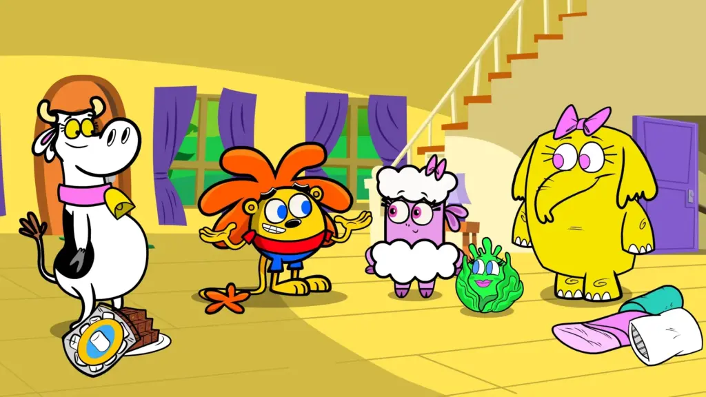 Animated characters from The Garden Cartoon standing together indoors, including Lenny the Lion, Lucy the Lamb, and friends in a bright, colorful cartoon style.