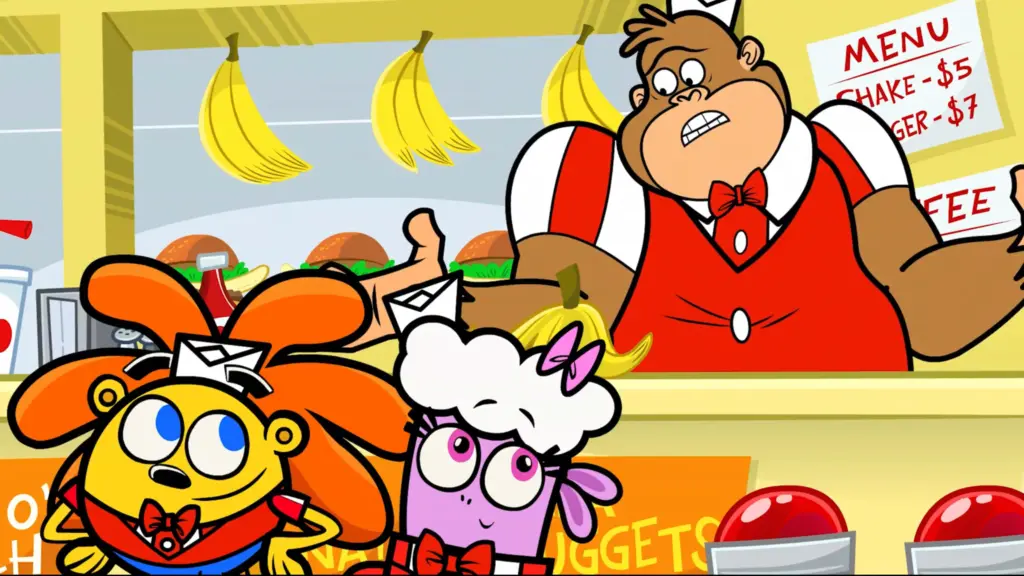 Lenny the Lion and Lucy the Lamb working behind a cartoon food counter in The Garden Cartoon, showing a playful scene about teamwork and responsibility.