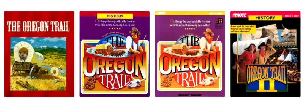 Collection of The Oregon Trail game box covers showing different editions of the classic educational game across multiple releases and platforms.