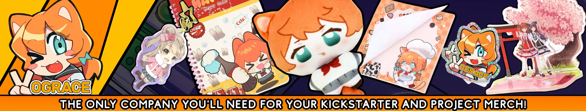 VOGRACE promotional banner featuring a cute orange cartoon mascot surrounded by custom merch examples including stickers, plush toys, notebooks, acrylic stands, memo pads, and keychains, with text reading “The only company you’ll need for your Kickstarter and project merch.”