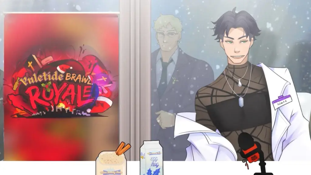 Illustration of a dark-haired man wearing a white lab coat over a black shirt, holding a microphone at a desk with eggnog and a candle, while a “Yuletide Brawl Royale” poster glows on a screen beside him and a suited figure appears faintly through a snowy window behind. Characters depicted are Nate and Conrad.