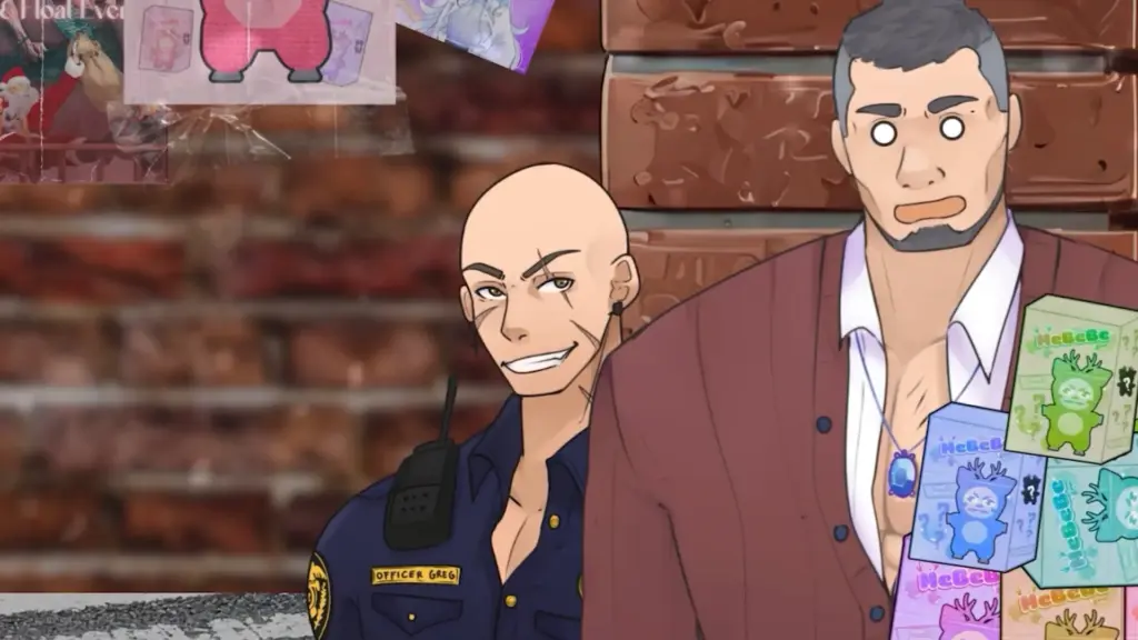 Two animated characters stand in front of a brick wall: a bald police officer wearing a badge labeled “Officer Greg” smirks while holding a radio, and a taller man beside him looks startled while holding stacked “MeBeBe” mystery toy boxes in different colors. Characters depicted are Greg and Beverly.