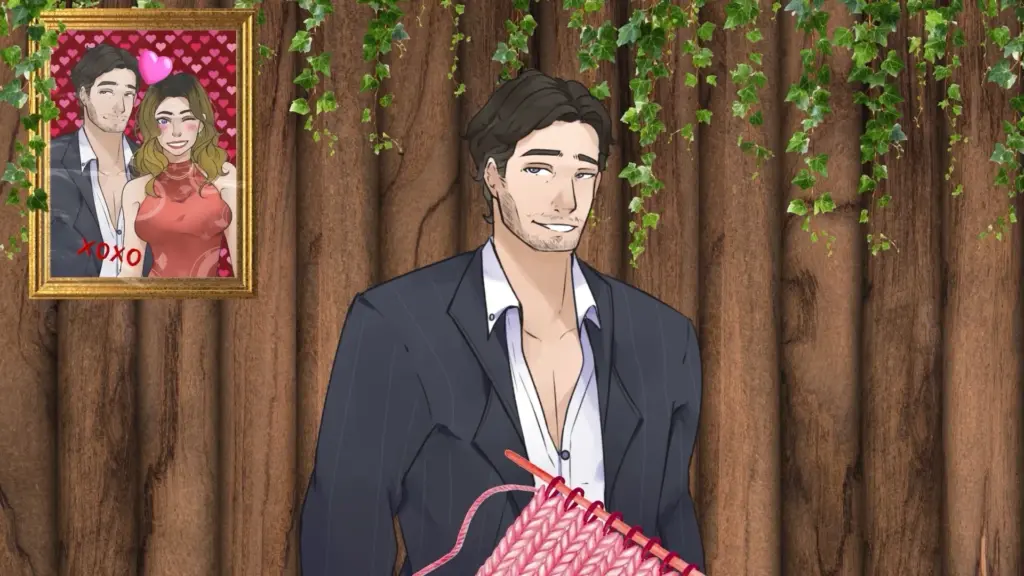 An illustrated man with dark hair and light stubble stands against a wooden wall covered with hanging ivy. He wears a dark suit jacket over an open white shirt and smiles slightly while holding pink knitting needles with a partially knitted piece. On the wall beside him is a framed picture of a smiling couple with hearts in the background and the word “XOXO” written in red. Character depicted is Gary. Characters depicted are Nate, Wagner and Scarlett.