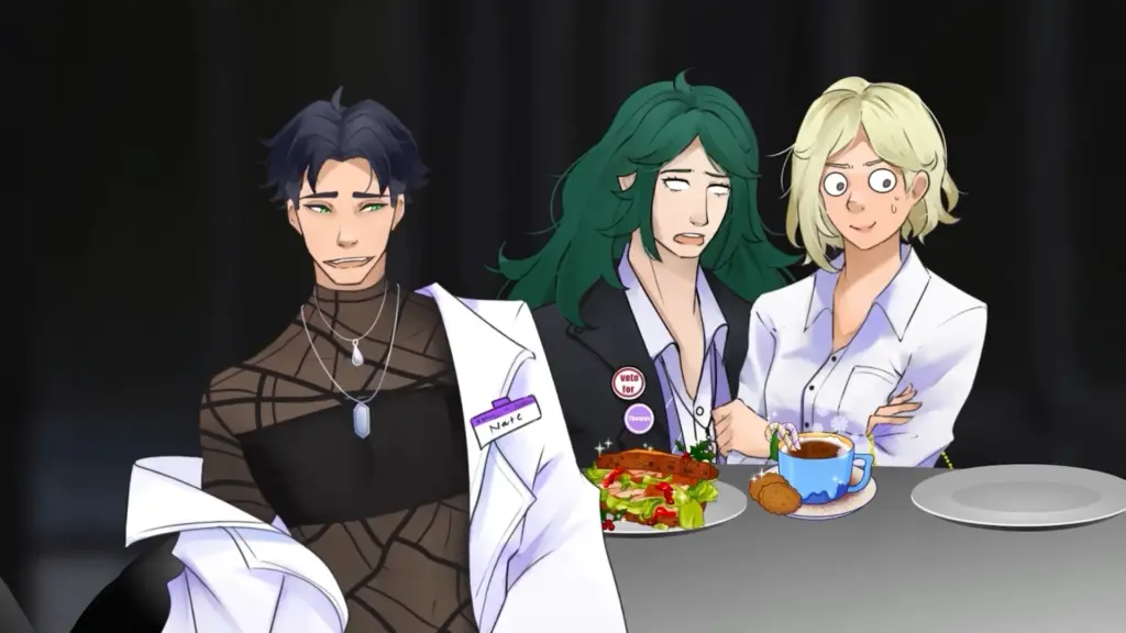 Three illustrated characters sit at a table against a dark background. On the left, a dark-haired man wearing layered necklaces and a partially open lab coat smiles confidently, with a visible name tag. In the center, a green-haired character in a blazer looks uneasy and slightly overwhelmed, glancing sideways. On the right, a blond character with wide eyes and a nervous expression sits with arms crossed. Plates of food, including a salad, a hot drink in a blue mug, and a cookie, rest on the table in front of them, adding a casual dining setting to the tense but humorous scene.