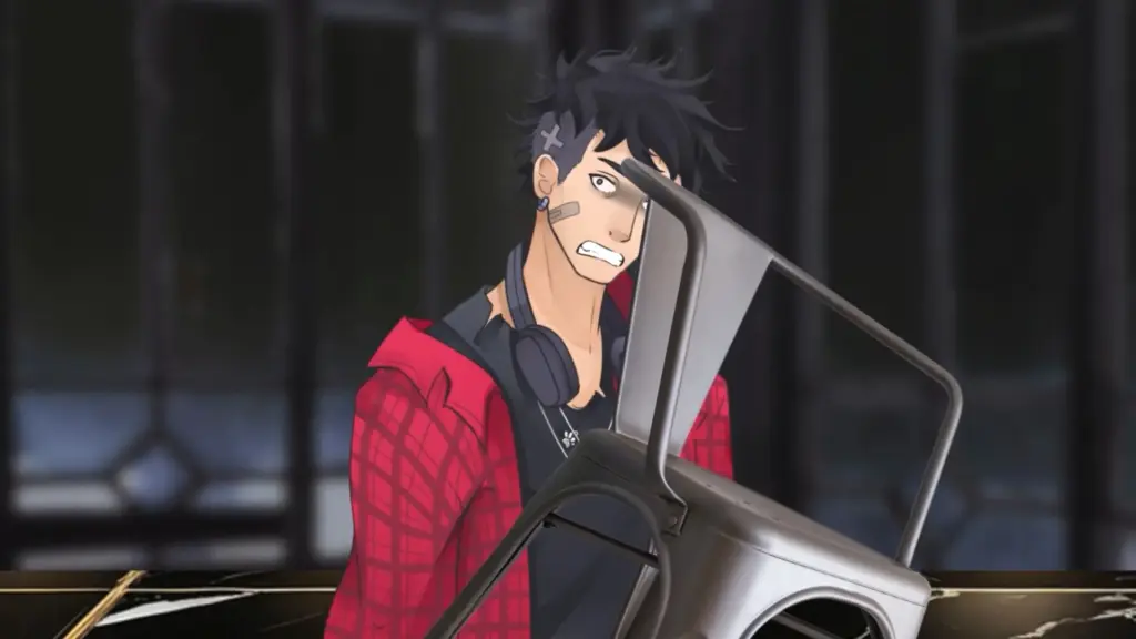 An illustrated scene of a young man with messy black hair, bandages on his face, and headphones around his neck, wearing a red jacket. He grimaces nervously as a metal chair is lifted awkwardly in front of him, partially blocking his face. The background is dark and blurred, suggesting an indoor setting with a tense, chaotic moment frozen mid-action. Character depicted is Oscar.