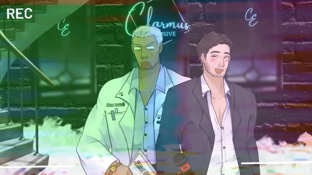 A stylized illustrated scene with a recording overlay shows two men standing side by side outside a brick building at night. On the left, a tall silver-haired man in a white lab coat with paw-print details looks tense and wide-eyed, holding papers in his hand. On the right, a brown-haired man in a dark suit jacket smiles nervously with flushed cheeks. Neon signs reading “Clarmus Exclusive” and “CE” glow behind them, snow covers the ground, and green and rainbow-tinted recording glitches sweep across the image, with a “REC” indicator visible in the top corner. Characters depicted are Gray and Gary.