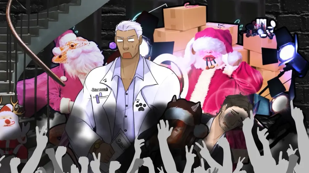 A chaotic illustrated scene set outside a brick building at night shows a tense, overwhelmed moment during a staged holiday spectacle. In the center stands a tall, silver-haired man in a white lab coat with paw-print details, staring forward stiffly while holding papers. To his right, a brown-haired man in a dark jacket slumps forward, visibly distressed, partially supported as hands from a cheering crowd reach up around him. Behind them, bright studio lights, stacked cardboard boxes, and two unsettling Santa figures—one with an animal-like face and another chewing candy canes—create a surreal, off-kilter backdrop. Snow covers the ground, neon accents glow faintly, and the crowd’s silhouetted hands frame the scene, emphasizing the chaotic, public pressure of the moment. Character depicted is Gray and Santas.