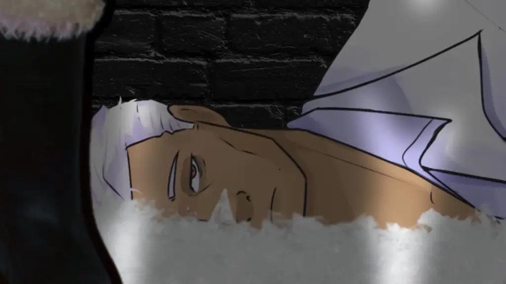 A close-up illustration shows a silver-haired man lying on his side in the snow against a dark brick wall. His face is partially buried in the snow, one eye half-open and unfocused, giving a tired, stunned, or defeated expression. He wears a light-colored coat, and cold light reflects off the snow around his face, emphasizing the stillness and emotional weight of the moment. The framing feels intimate and quiet, contrasting with the chaos suggested in earlier scenes. Character depicted is Gray.