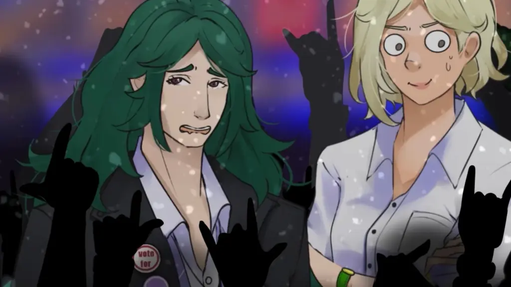 Illustrated scene of a man and woman standing close together in a snowy crowd, one with green hair looking anxious and the other blonde appearing uneasy, as silhouetted hands reach up around them during the Yuletide Brawl Royale event. Characters depicted are Wagner and Scarlett.