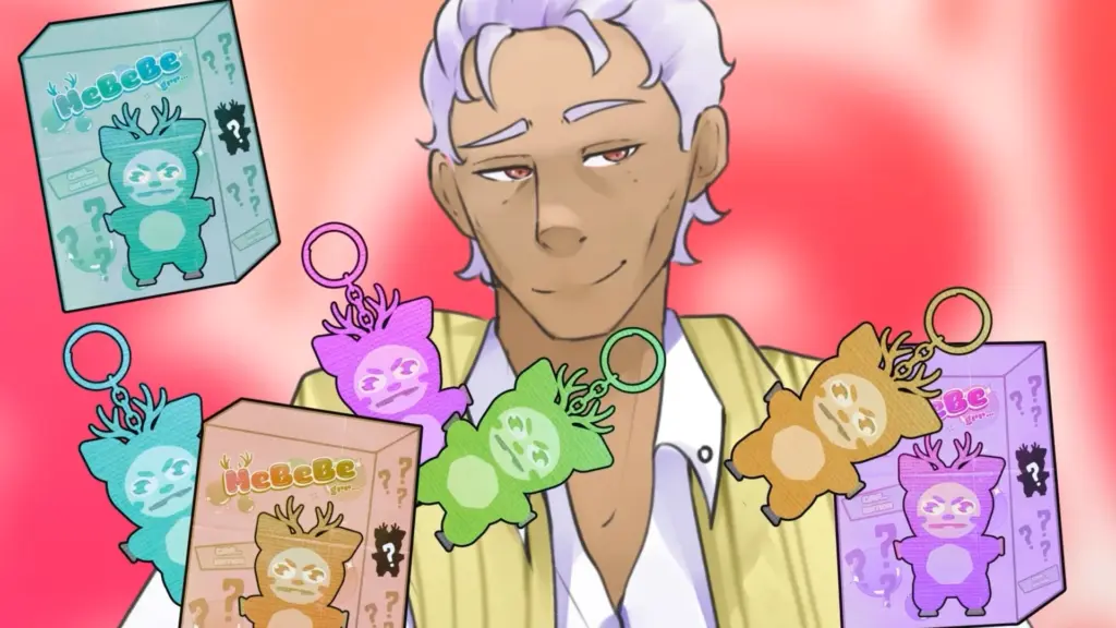 An illustrated silver-haired man smiles calmly against a soft pink-red background while holding several colorful keychain plush figures shaped like small antlered creatures. Around him float matching mystery boxes labeled “HeBeBe,” each showing a stylized character silhouette with question marks. The plush charms appear in purple, green, blue, and tan, each with a simple cartoon face. The scene feels lighthearted and promotional, focusing on the character and the collectible merchandise. Character depicted is Reginald.