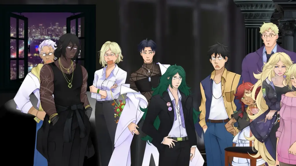 A large group of illustrated characters stand together indoors at night, facing forward with mixed expressions ranging from annoyed to tired. City lights glow through an open window behind them, giving the scene a tense, crowded group moment feel. Characters depicted are Reginald, Clyde, Scarlett, Nate, Wagner, Drake, Chappy, Conrad, Amy and Patty.
