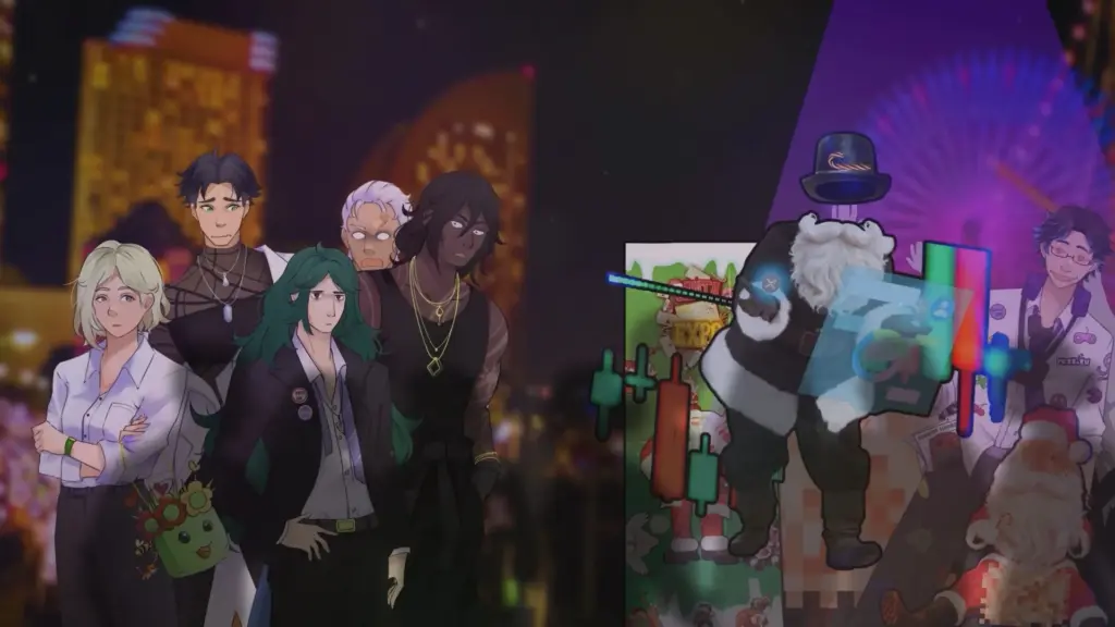 A group of illustrated characters stand together at night against a glowing city skyline, watching a larger-than-life Santa-like figure on the right interact with floating digital screens and colorful lights. The scene blends a festive, tech-heavy spectacle with the group’s uneasy, confused reactions, creating a dramatic contrast between observers and performer. Characters depicted are Scarlett, Nate, Wagner, Reginald and Clyde.