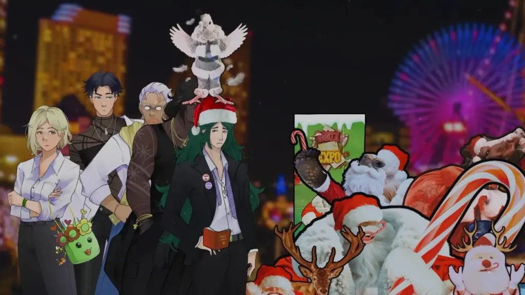A group of illustrated characters stand together at night against a glowing city skyline, watching a larger-than-life Santa-like figure on the right interact with floating digital screens and colorful lights. The scene blends a festive, tech-heavy spectacle with the group’s uneasy, confused reactions, creating a dramatic contrast between observers and performer. Characters depicted are Scarlett, Nate, Reginald, Clyde and Wagner.