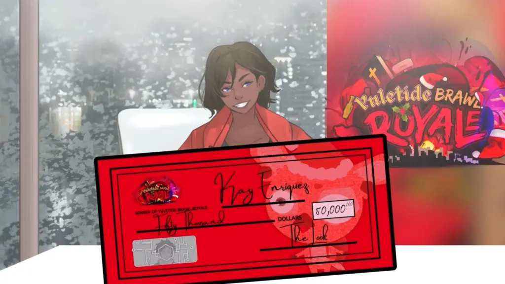 An illustrated woman with short brown hair smiles confidently while seated indoors. In the foreground, a large red winner’s check for $50,000 made out to Kay Enriquez dominates the frame. Behind her, a glowing poster reads “Yuletide Brawl Royale,” with a snowy cityscape visible through the window, suggesting a televised competition win moment. Character depicted is Kay.