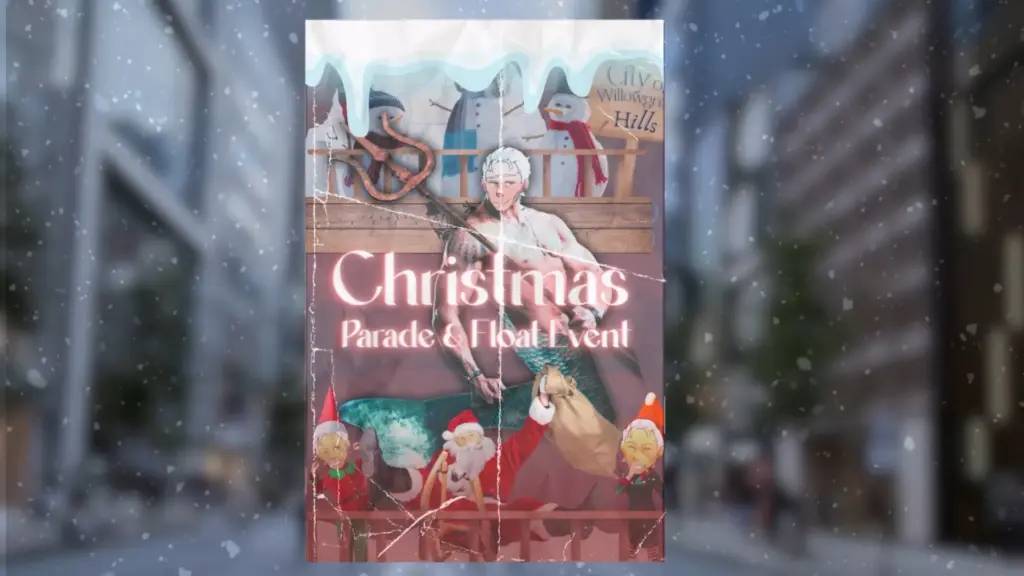 Illustrated poster for a Christmas Parade & Float Event showing a cracked, weathered banner in a snowy city street, featuring a merman-themed float, snowmen, Santas, and festive decorations associated with the Yuletide Brawl Royale storyline.