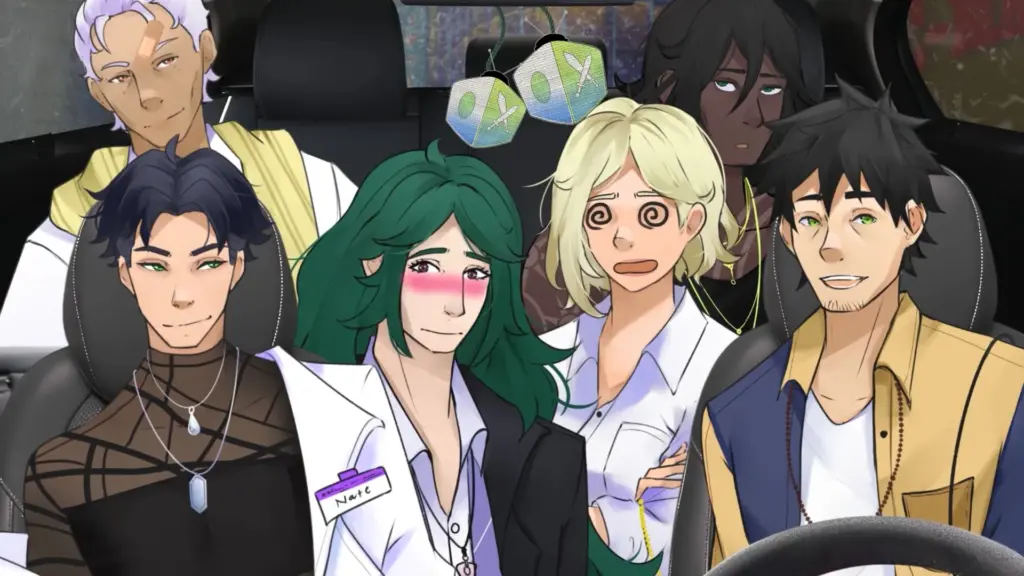 An illustrated interior view of a crowded taxi shows several characters squeezed together across the front and back seats. Their expressions range from amused and calm to flustered and dizzy, with one character blushing and another showing spiraled eyes. Dice-shaped air fresheners hang from the rearview mirror, and snow-speckled windows suggest cold weather outside, giving the scene a cozy but chaotic group-ride feel. Characters depicted are Nate, Wagner, Scarlett, Drake, Reginald and Clyde.