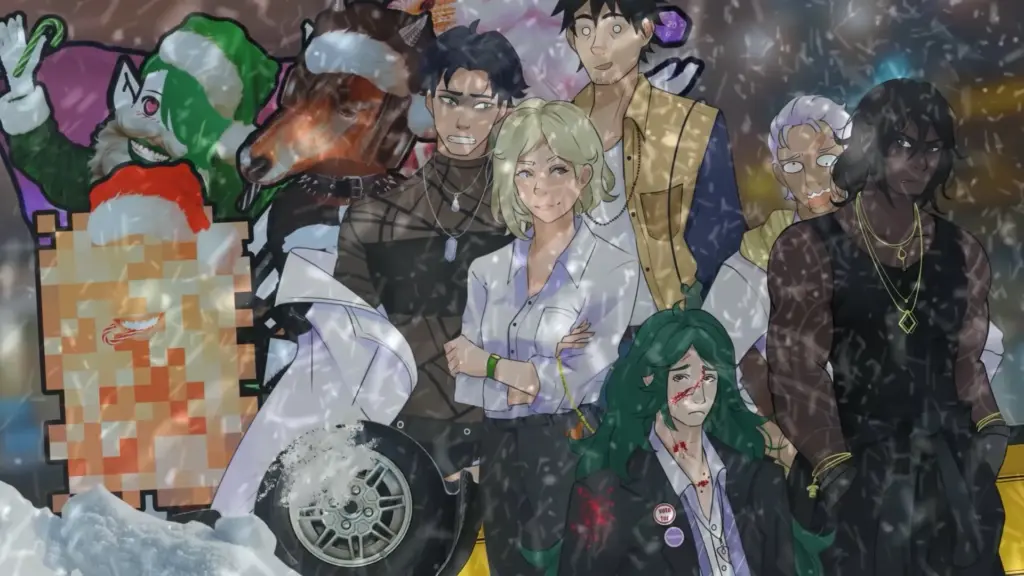 A dramatic illustrated group scene unfolds during a heavy snowfall, showing several characters standing close together with tense and uneasy expressions. Some look shocked or stressed, while one character appears injured with visible blood on their face and clothing. Behind them are surreal holiday elements, including costumed figures, a reindeer-headed character, and pixelated visuals, creating a dark, chaotic winter atmosphere that contrasts with the falling snow and crowded composition. Characters depicted are Nate, Scarlett, Drake, Wagner, Reginald and Clyde.