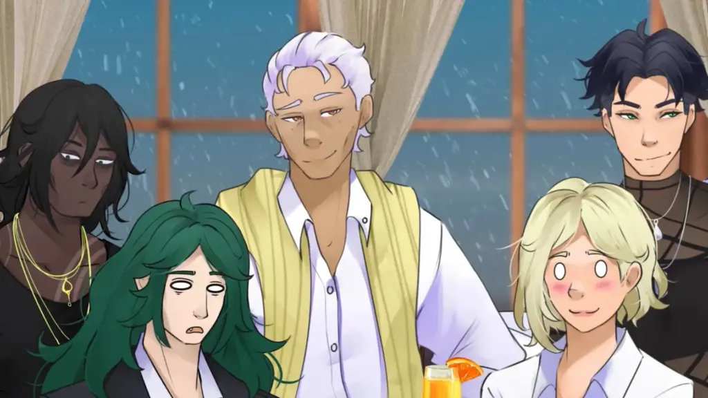 Illustrated group scene inside a warmly lit room during snowfall, showing several characters gathered together, including a white-haired man at center smiling calmly, two women in the foreground with contrasting expressions, and others standing behind them, capturing a quieter moment during the Yuletide Brawl Royale events. Characters depicted are Clyde, Wagner, Reginald, Scarlett and Wagner.