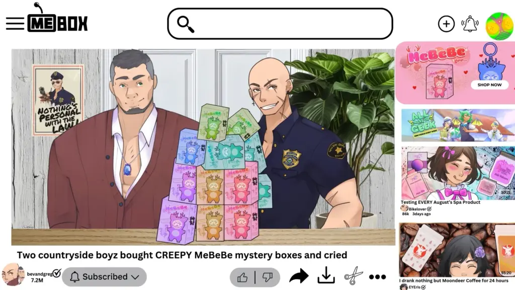 A mock video platform page shows two illustrated men standing behind a table stacked with colorful “MeBeBe” mystery boxes. One wears a brown cardigan with an open shirt and pendant, the other wears a dark police-style uniform and smiles confidently. The video title below reads, “Two countryside boyz bought CREEPY MeBeBe mystery boxes and cried,” with channel info, subscribe status, and recommended videos visible along the side. Characters depicted are Beverly and Greg.