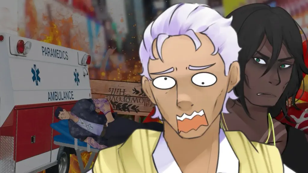 Illustrated close-up of a white-haired man with a shocked expression in the foreground, with an ambulance, paramedics treating an injured person, flames, and a tense onlooker behind him, highlighting the escalating fallout of the Yuletide Brawl Royale. Characters depicted are Reginald and Clyde.