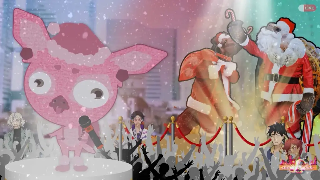 Holiday crowd scene featuring Santas on stage, a pink mascot holding a microphone, cheering fans behind velvet ropes, and a live broadcast atmosphere during a Christmas event.