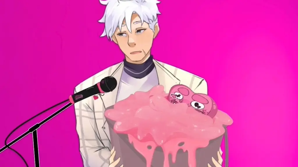 Disaster Date Roulette Valentine's Day Movie Still. Ken holding bucket of goo.
