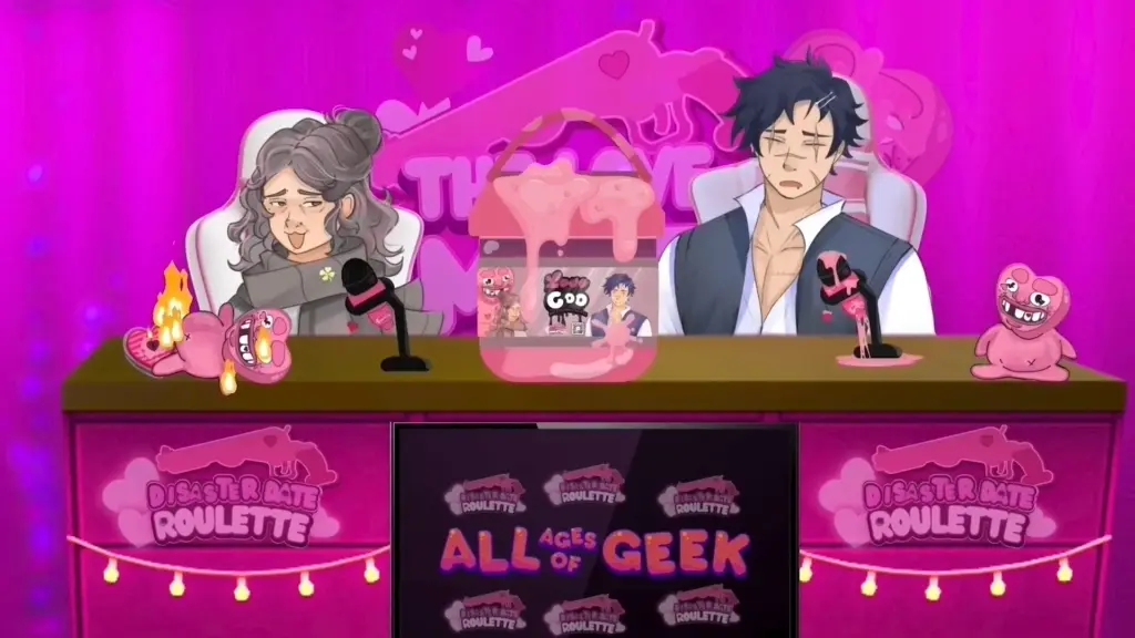 Disaster Date Roulette Valentine's Day Movie Still. Abby and Thomas presenting goo.
