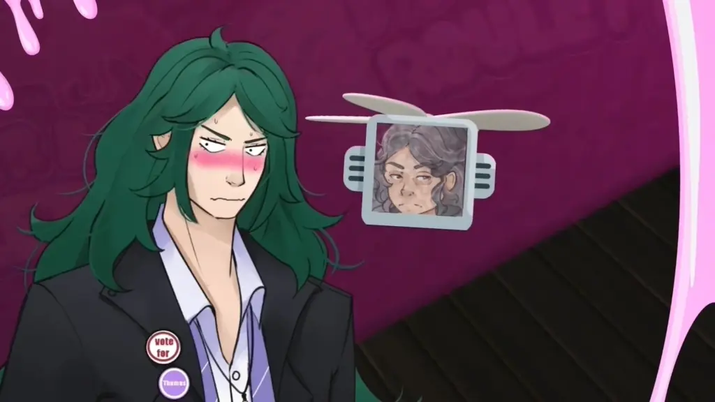 Disaster Date Roulette Valentine's Day Movie Still. Wagner blushing next to a flying TV with Abby's face on it.
