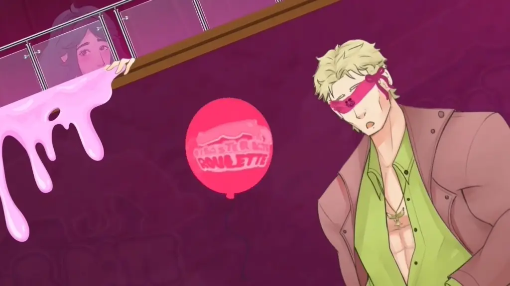 Disaster Date Roulette Valentine's Day Movie Still.  Damien blindfolded with Wagner watching.
