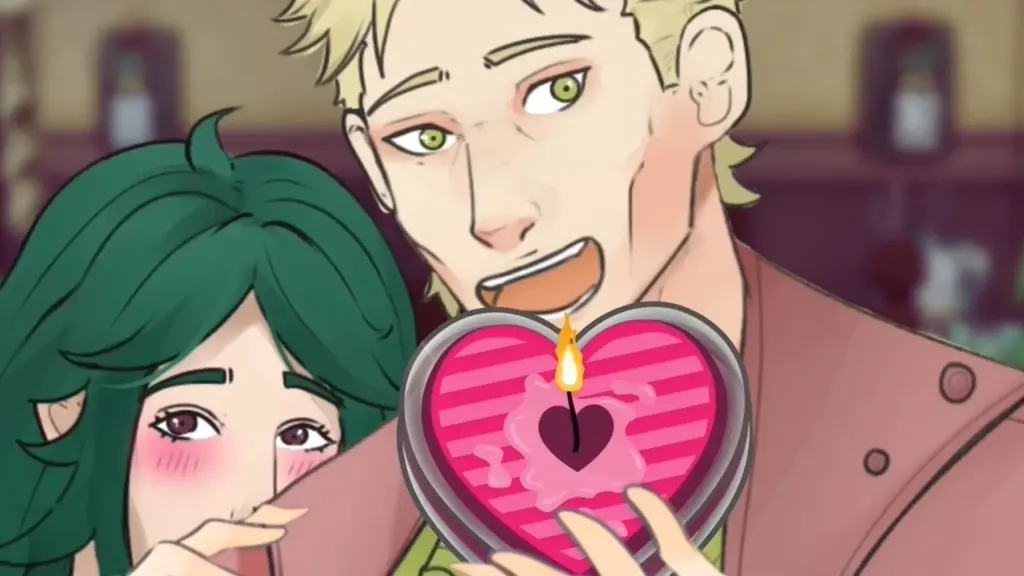 Disaster Date Roulette Valentine's Day Movie Still. Damien holding a heart candle.
