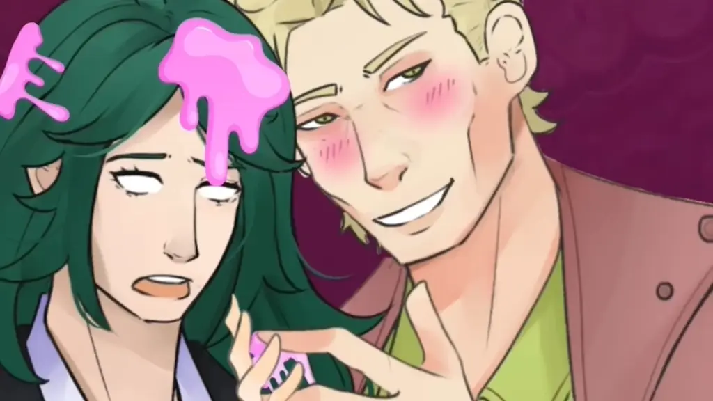 Disaster Date Roulette Valentine's Day Movie Still. Damien flirting with a goo covered Wagner.
