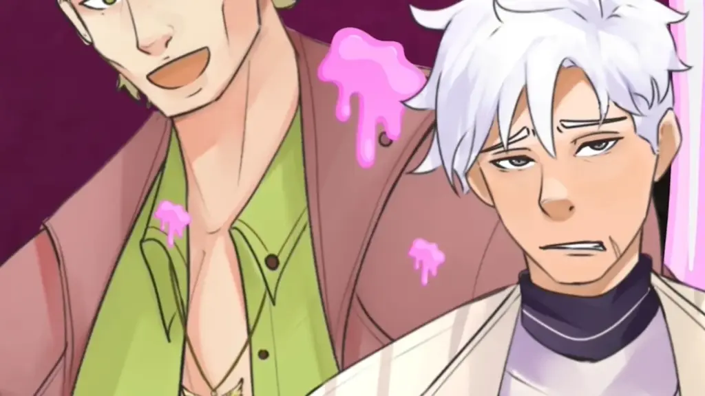 Disaster Date Roulette Valentine's Day Movie Still. Ken stressed next to a goo covered Damien.

