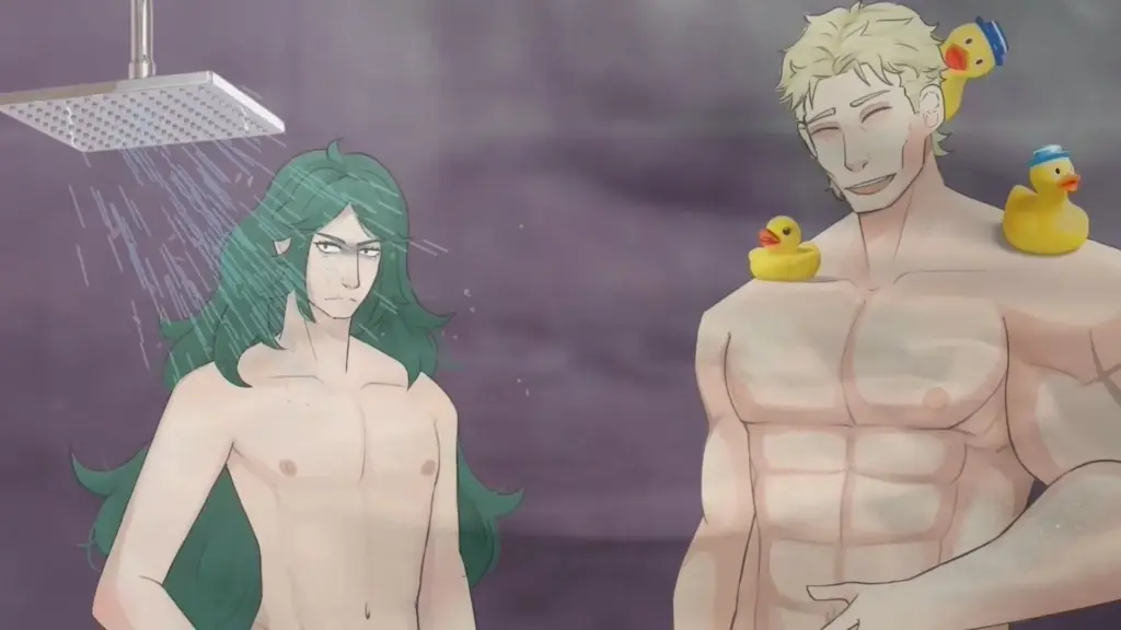 Disaster Date Roulette Valentine's Day Movie Still. Wagner and Damien showering.
