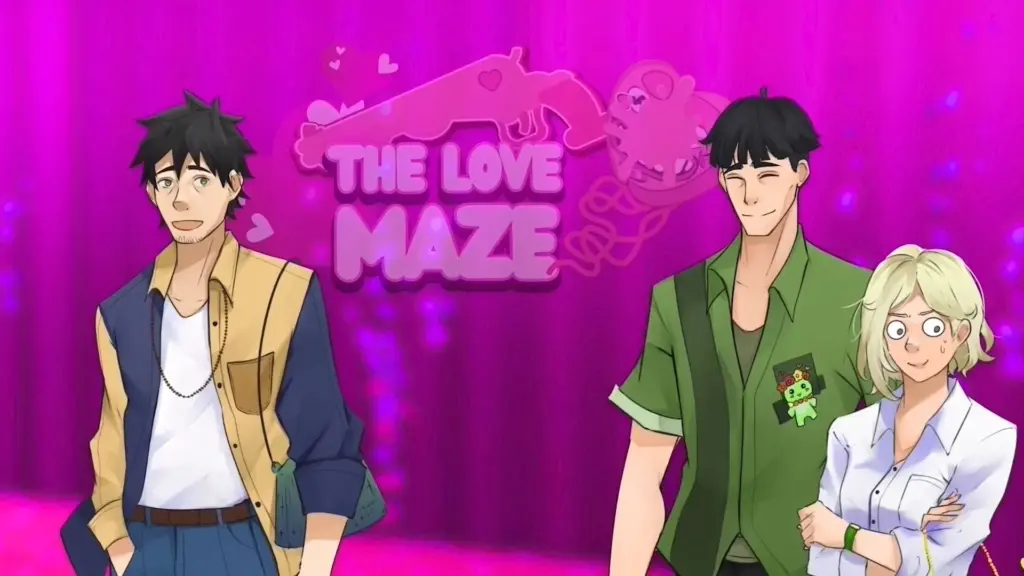 Disaster Date Roulette Valentine's Day Movie Still. Drake next to Alliard and Scarlett talking about the Love Maze.
