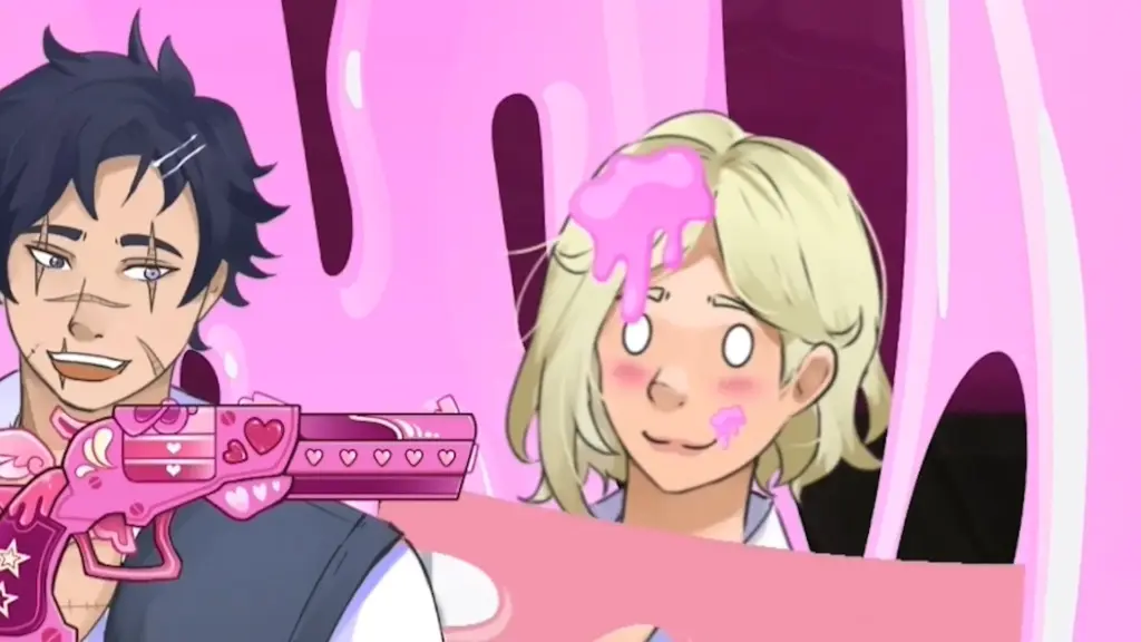 Disaster Date Roulette Valentine's Day Movie Still. Thomas laughing as he holds a goo gun next to a shocked Scarlett.
