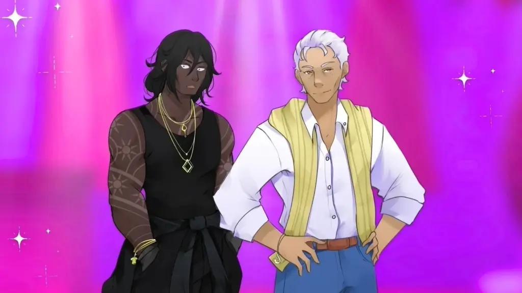 Disaster Date Roulette Valentine's Day Movie Still. Clyde stressed next to Reginald on stage.
