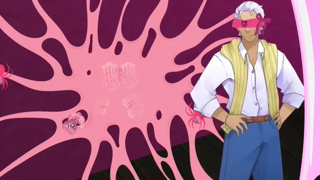 Disaster Date Roulette Valentine's Day Movie Still. Reginald next to a goo web blindfolded.
