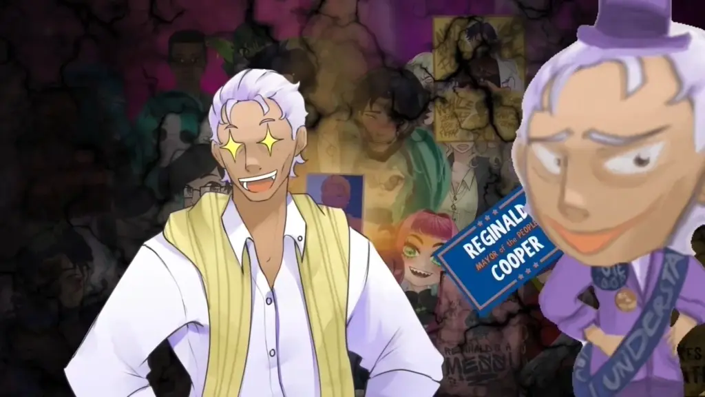 Disaster Date Roulette Valentine's Day Movie Still. Reginald with glistening eyes next to a blowup version of himself.
