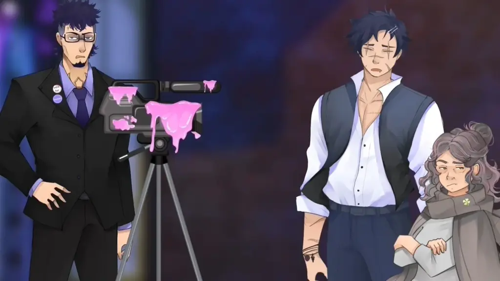 Disaster Date Roulette Valentine's Day Movie Still. Josef worried over his goo covered camera with Thomas and Abby not showing any concern for him.
