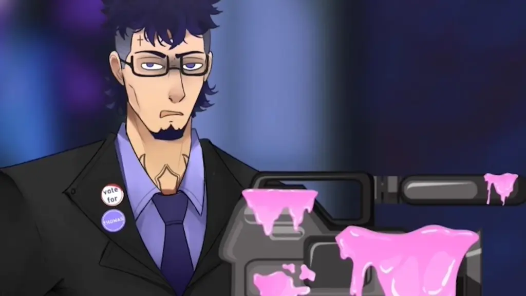 Disaster Date Roulette Valentine's Day Movie Still. Josef angry next to his ruined and goo covered camera.
