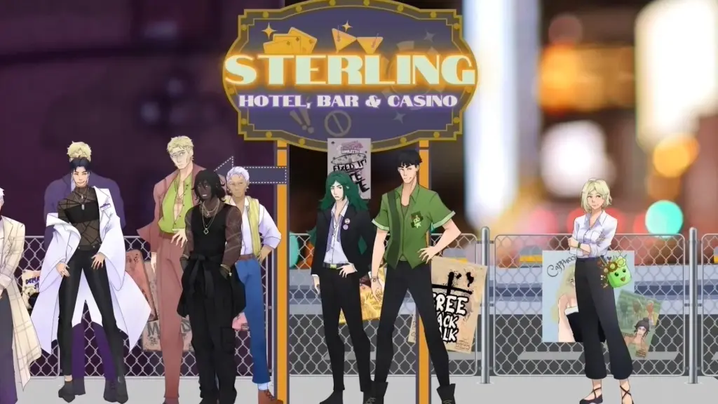Disaster Date Roulette Valentine's Day Movie Still. Nate, Conrad, Damien, Clyde, Reginald, Wagner, Alliard and Scarlett walking into the Sterling Casinos.
