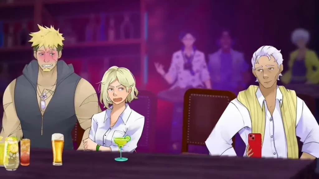 Disaster Date Roulette Valentine's Day Movie Still. John blushing and drinking next to Scarlett as Reginald listens in.
