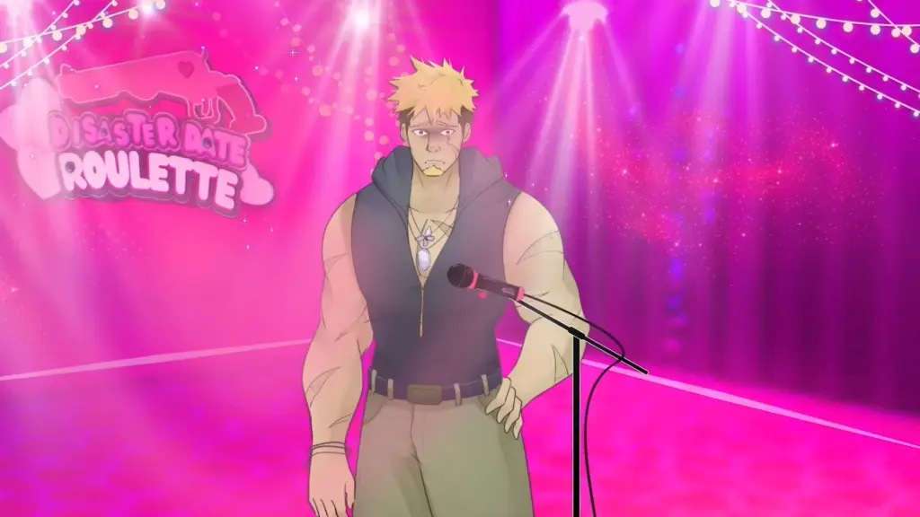 Disaster Date Roulette Valentine's Day Movie Still. John standing by a microphone.
